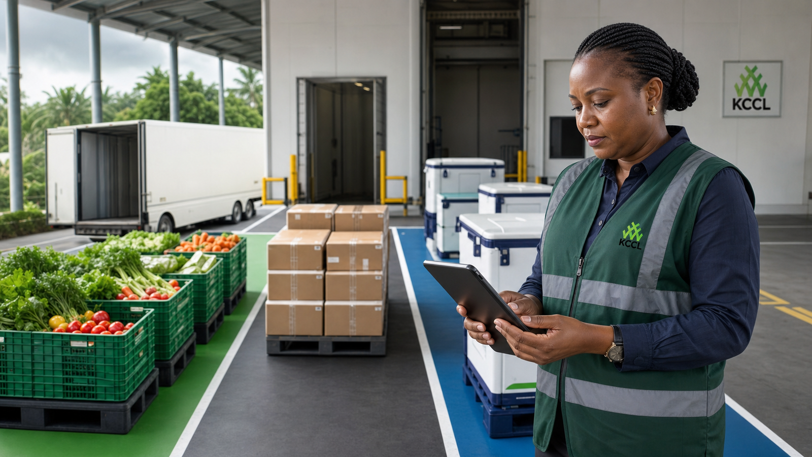 Illustrative Nigerian KCCL operations manager reviewing segregated agriculture, food and healthcare cold-chain handling lanes