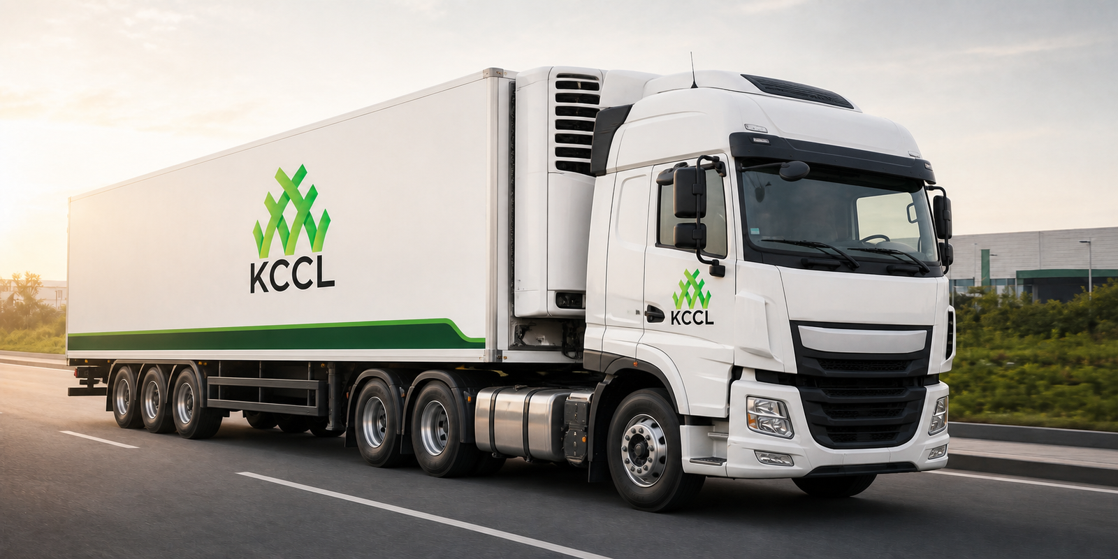 Illustrative KCCL-branded articulated refrigerated truck travelling on a logistics corridor