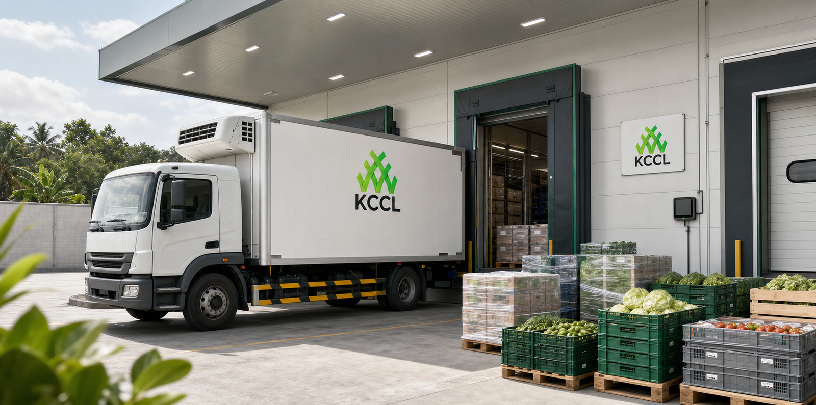 Illustrative KCCL refrigerated truck at a temperature-controlled loading facility with organised produce crates
